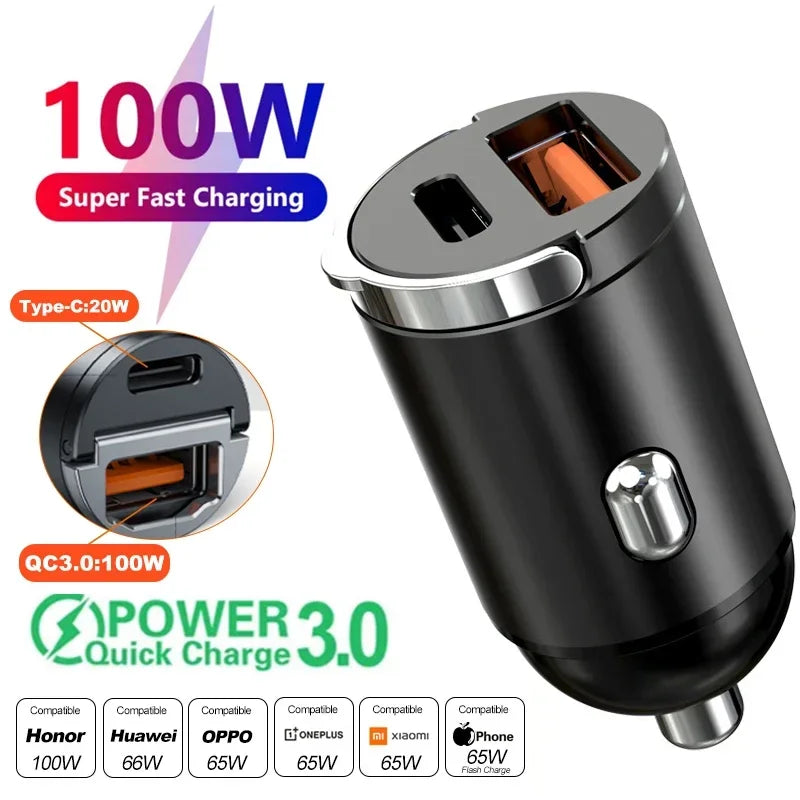 100W PD QC Pull Ring Fast Charging Car Charger USB C