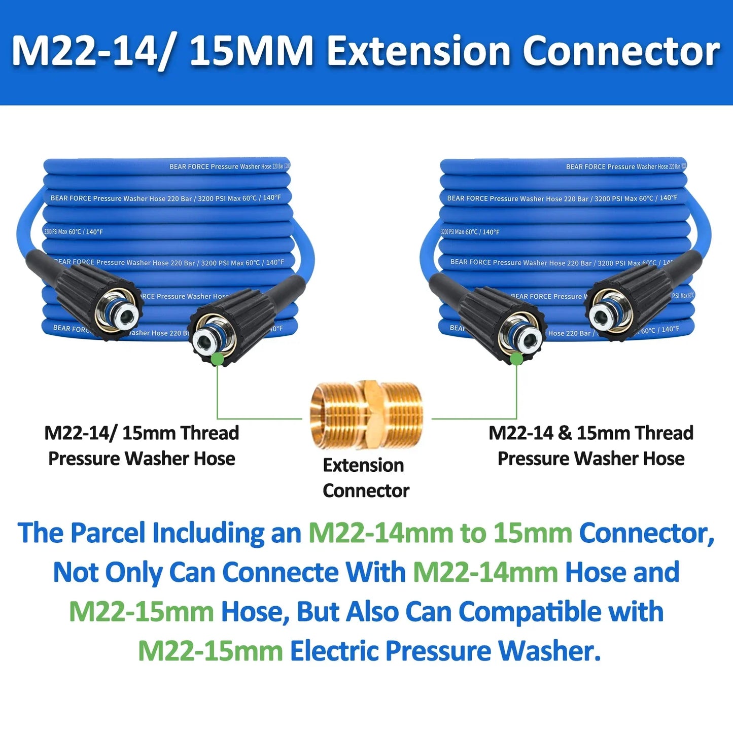 BEAR FORCE 15M Super Flexible Pressure Washer Hose 3200 PSI Kink Resistant Power Washer Hose