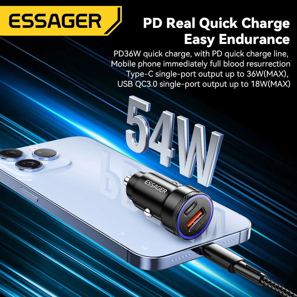 Essager 54W Car Charger 5A Fast Charging Type C Quick Charge 3.0