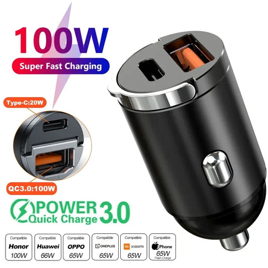 100W PD QC Pull Ring Fast Charging Car Charger USB C