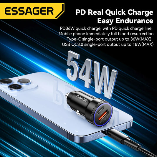Essager 54W Car Charger 5A Fast Charging Type C Quick Charge 3.0